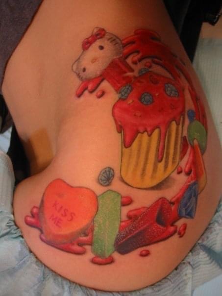 Colorful candy and cupcake tattoo by Ghost