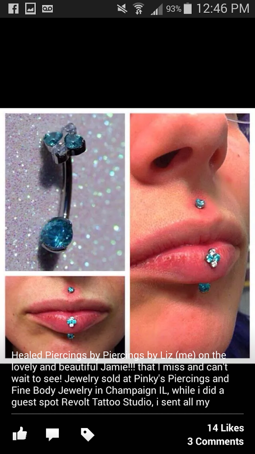 Teal crystal lip piercing jewelry by Tattoo Liz